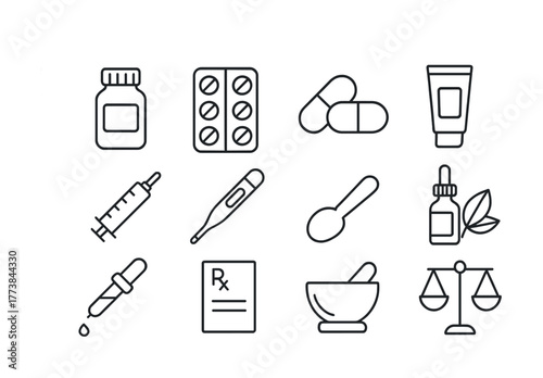 Medical icons: syringe, capsules, medicine bottle, prescription pad, more