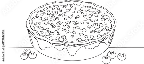Minimalist line drawing of a blueberry crumble pie with fresh bl