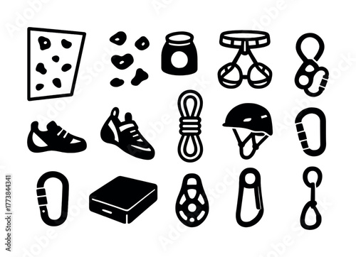 Rock climbing equipment icons featuring shoes rope helmet carabiner