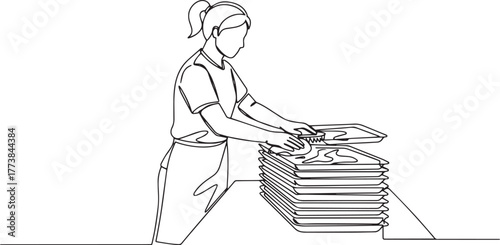 Woman diligently scrubbing kitchen trays, continuous line drawin