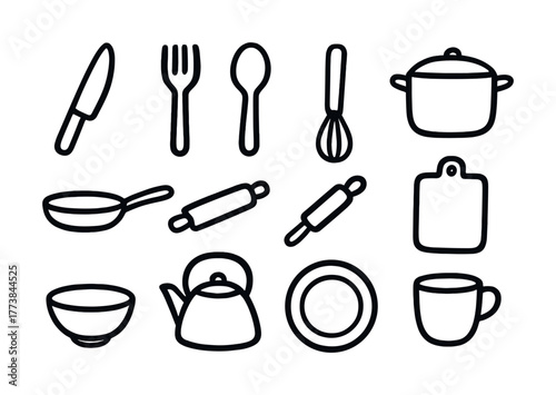 Kitchen utensils set: knife, fork, spoon, whisk, pot, pan, rolling pin, board, bowl, kettle, plate, mug