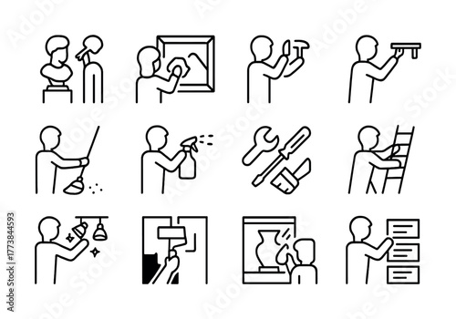 Outline icons of art restoration and gallery maintenance activities