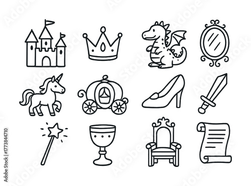 Fairy tale icons: castle, crown, dragon, unicorn, carriage, mirror, shoe, sword, wand, goblet, throne, scroll