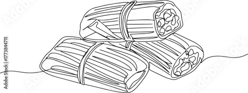 Monochrome Line Art Depiction of Stacked Tamales on White Minima