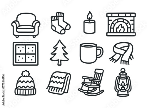 Cozy winter icons set: armchair, socks, candle, fireplace, tree, mug, scarf, lantern