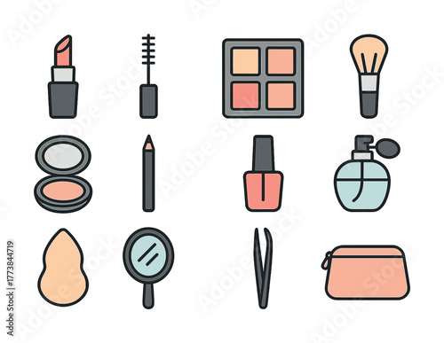 Cosmetic essentials: lipstick, makeup brush, mirror, and more icon set