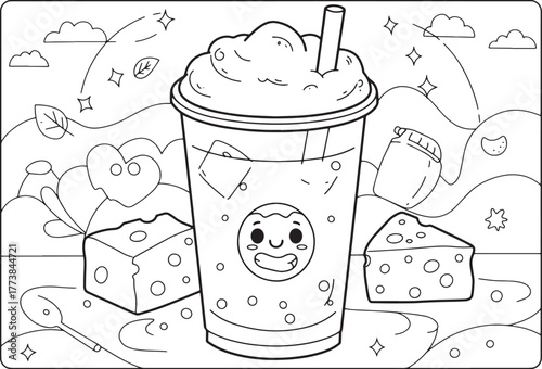 Whimsical cheese tea illustration with playful doodles for color