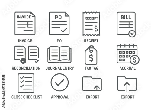 Invoice po receipt bill icons for financial and accounting tasks