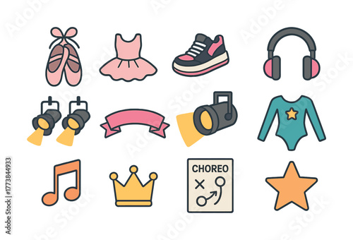 Dance icons set with shoes clothing music and lighting elements
