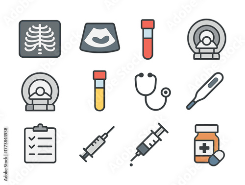 Medical equipment icons: x-ray, ultrasound, mri, test tubes, stethoscope, syringe, thermometer