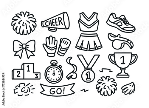 Vector Cheerleading icons: pom-poms, megaphone, uniform, trophy, medal, stopwatch