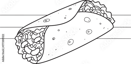 Whimsical burrito illustration ready for coloring or educational