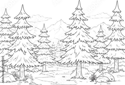 Outlined forest landscape with majestic conifers and distant mou