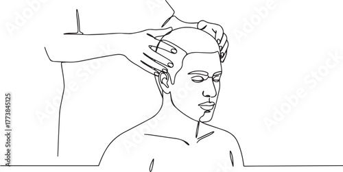 Monoline art depicting a man receiving scalp massage for relaxat
