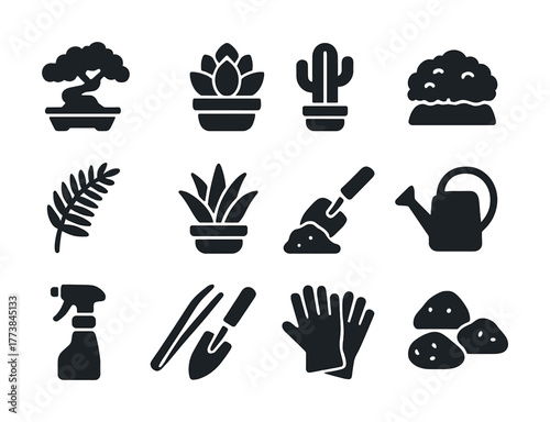 Vector Silhouette icons of gardening tools and potted plants collection