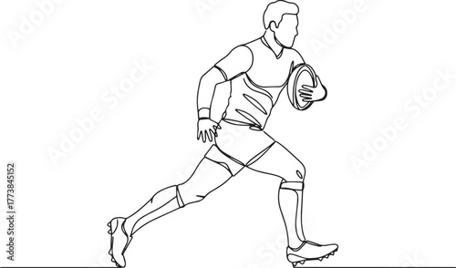 Continuous line drawing of a male rugby player running with the