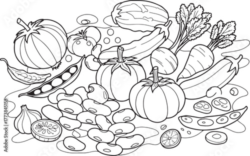 Whimsical vegetable harvest illustration with beans tomatoes and