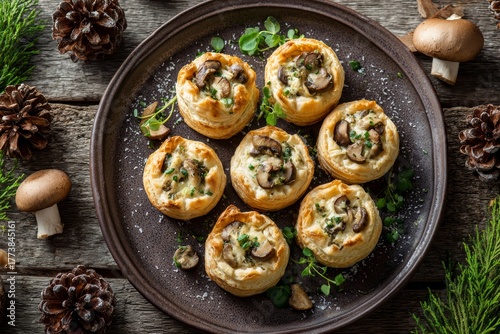 Chestnut and Mushroom Vol-au-vent on rustic wooden table. Soft lighting highlights puff pastry shells filled with chestnut mushroom ragout in warm, inviting atmosphere. Concept of cozy elegance.