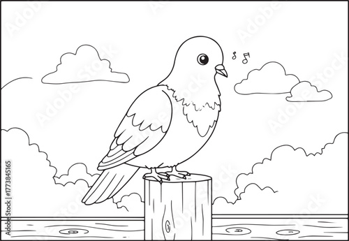 Cute cartoon pigeon bird perched and singing on a wooden post li