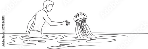 Minimalist line drawing of a man reaching out to a jellyfish in