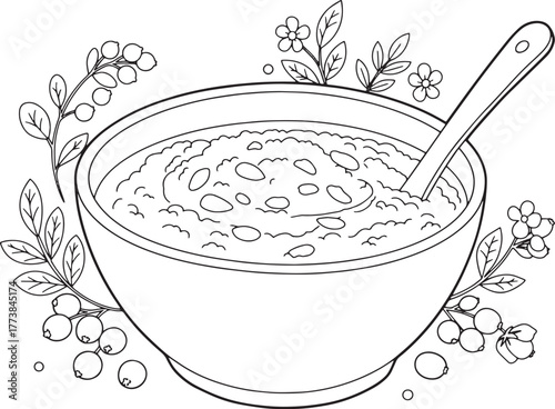Line art illustration of Estonian kama food bowl with spoon and