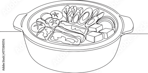 Minimalist line drawing of Japanese sukiyaki hot pot with tofu a