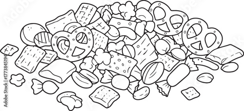 Hand-Drawn Illustration of a Snack Mix Composition for Coloring