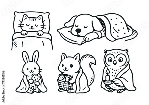 Vector Cute sleeping animals: cat, dog, bunny, squirrel, owl with blankets