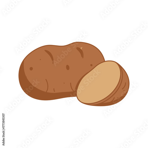 Potato Tuber Vector: Cartoon Vector Illustration of Whole and Sliced Brown Potato, Root Vegetable, Starchy Food, Carbohydrate Source