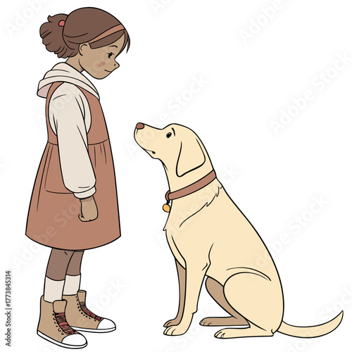 A young girl wearing a dress and hoodie looks down lovingly at her loyal golden labrador dog sitting patiently