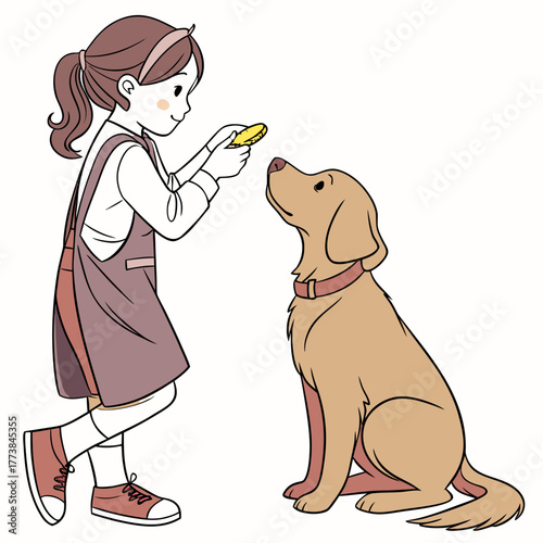 Cute cartoon girl in overalls giving a biscuit treat to her golden retriever dog sitting patiently