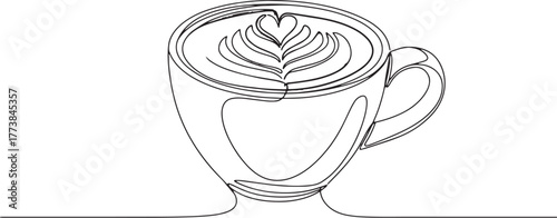 Elegant continuous line drawing of a macchiato with heart shaped