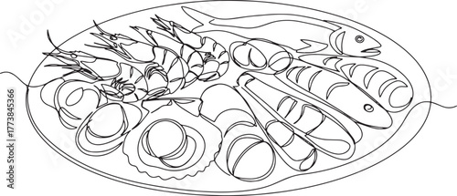 Monoline Seafood Platter Drawing with Shrimps, Fish and Shellfis