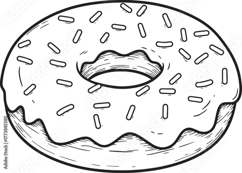 Detailed Line Art Illustration of a Frosted Donut with Sprinkles