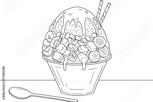 Kakikori Delight: Black and White Line Art Illustration of Shave