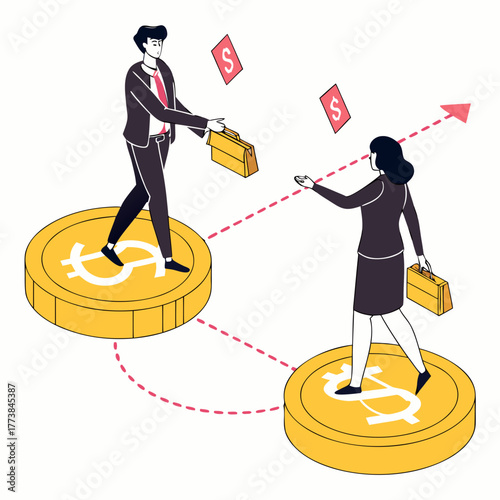 Business people exchanging briefcases and dollar symbols on large gold coins representing financial transactions and growth