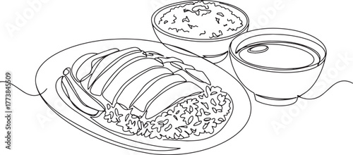 Hainanese chicken rice illustration continuous line style tradit
