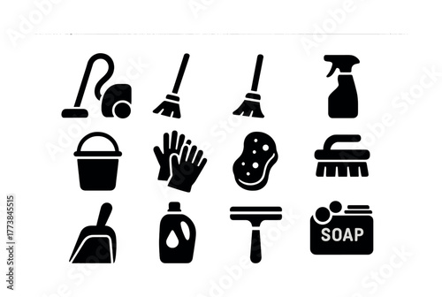 Vector Black cleaning icons set: vacuum, mop, spray, bucket, gloves, sponge, brush, dustpan, soap