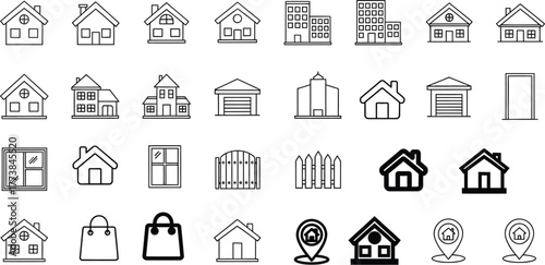 Collection of hand drawn architectural building icons and symbols for real estate and design