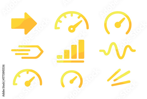 Set of yellow speedometer and performance icons on white background