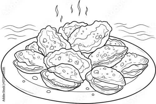 Delicious fried clams illustration drawing on a plate, seafood d