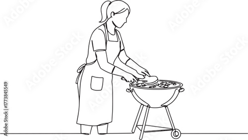 Continuous line drawing of a woman grilling food outdoors in sum