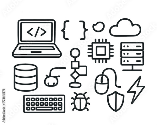 Vector Technology icons: laptop, code, circuit, cloud, server, data, mouse, keyboard, security