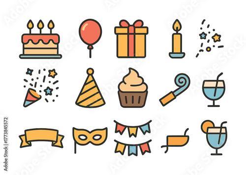 Vector Colorful party icon set with cake, gifts, and decorations for celebrations