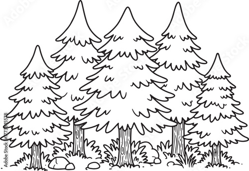 Stylized Cedar Forest Illustration in Black and White Line Art D
