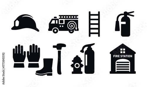 Firefighting equipment icons: helmet, fire truck, ladder, extinguisher, gloves, boot, hydrant, fire station