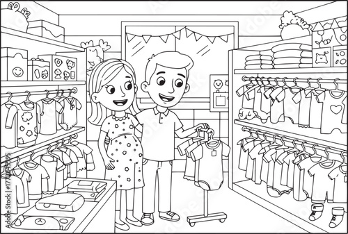 Happy parents expecting baby shopping for clothes in baby shop m