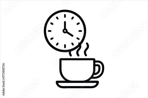 A simple black and white illustration of coffee and a clock