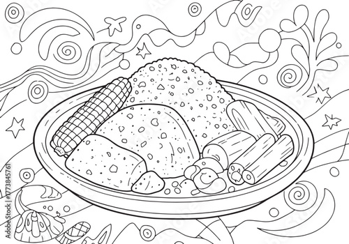Beninese Amiwo dish detailed line art illustration for coloring