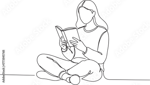 Continuous line drawing of woman reading a book in a cross legge